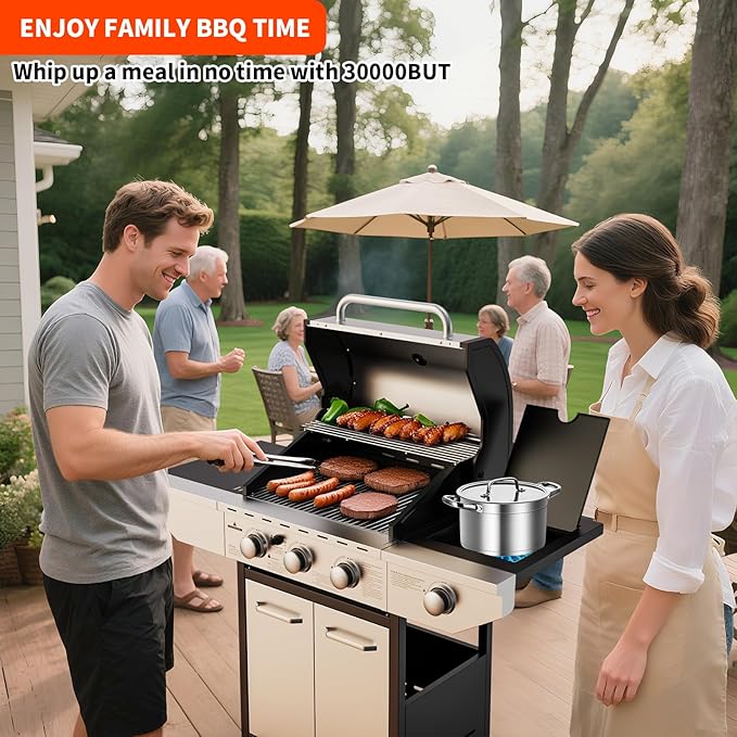 3-Burner Propane Gas BBQ Grill with Side Burner, 40,000 BTU Stainless Steel Gas Grill with Wheels and Storage,Outdoor cooking for Barbecue,Patio,Camping