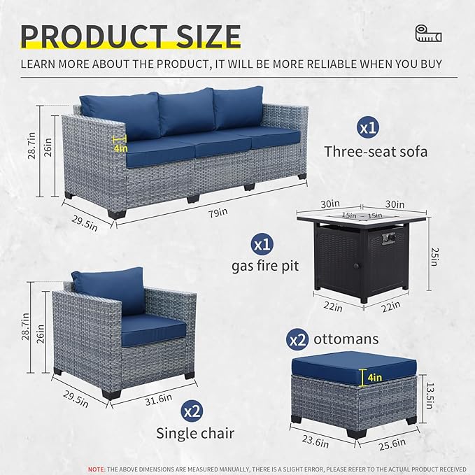 6 Pieces Wicker Patio Furniture Sets Outdoor Conversation Set PE Rattan Sectional Sofa Couch with 30" Fire Pit Table and Royal Blue Cushions