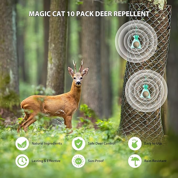 MAGIC CAT® Deer Repellent, Rabbit Repellent Outdoor Natural Peppermint Oil Deer Repellant for Plants Pet Family Safe, Deer Deterrent Balls Keep Rabbit Out of Lawn Garden Yard Shrub and Trees-10P