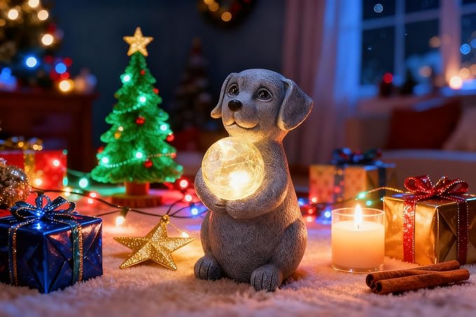 Dog Garden Statues - 8.4 Dog Decor with Gazing Ball LED Lights, Unique Gifts for Mom Grandma Birthdays, Outdoor Decor for Outside Lawn Porch Patio (Gray)