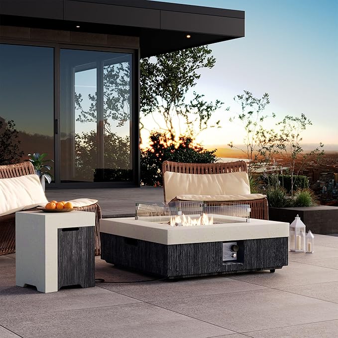 COSIEST 35" Outdoor Propane Fire Pit Table w Tank Cover & Wind Guard, Square Gas Fire Pit Table with Concrete & Wood Grain Design, 50000BTU Fire Tables for Patio, Backyard, Garden