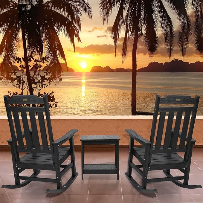 Rocking Chair, All Weather Resistant Poly Lumber Outdoor Porch Rocker, Rocking Chairs for Outdoor, Indoor, Patio, Deck, Garden, Backyard, Load Bearing 380 lbs - Black