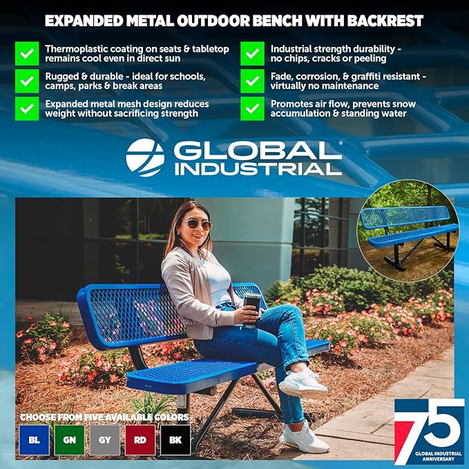 Global Industrial 6'L Heavy Duty Expanded Metal Mesh Bench with Backrest with Steel Frame, Portable Outdoor Bench, 1000 lbs Capacity, Red, 72" L x 24" W x 33" H