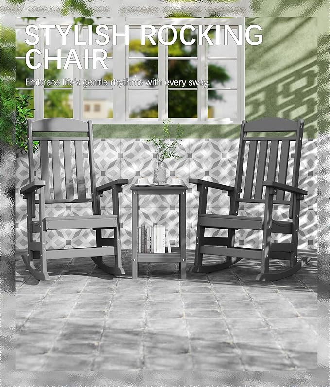 FOOWIN Outdoor Rocking Chair Set of 8, High Back Patio Rocking Chair, HDPE All Weather Resistant Porch Rocker for Adult, Oversized Rocking Chairs for Garden, Lawn, Indoor & Outdoor Use, Grey
