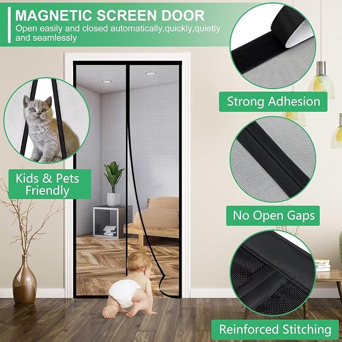 RELIANCER Fiberglass Magnetic Door Screen,Fit Door Size 38"x94.5",Auto Close Screen Door Mesh w/Magnets,Patio Doorway Net Screens,Self-Closing Doors Cover,Anti Mosquito Doorway Curtain,Mesh Partition