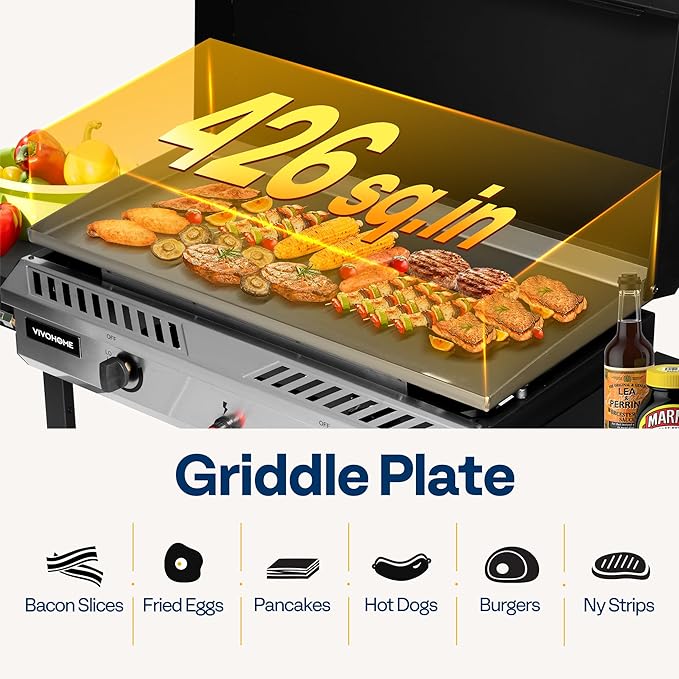 VIVOHOME 2-Burner Outdoor Griddle Station with Detachable Griddle Plate, Portable Propane Gas Stove with 2 Wheels, Multifunctional BBQ Grill for Backyard, Camping, and Tailgating