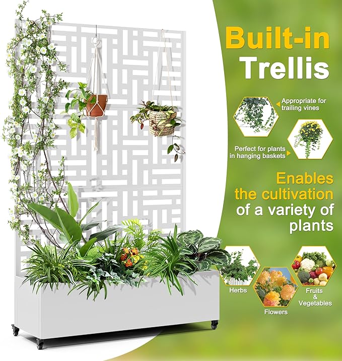 FENCY Metal Raised Garden Bed with Wheels and Trellis,73"x47"x16" Planter Box for Climbing Plants, Vegetables & Vines, Features Privacy Screen and Drainage Holes (White-Geometric Lattice)