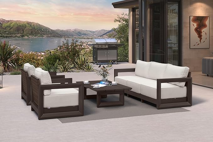 PURPLE LEAF Patio Furniture Set Open-End Outdoor Couch with 9.6" Thick Cushion and Soft Pillows 6 Piece Outdoor Sectional Sofas with Table Modern Outdoor Conversation Sets for Yard Porch Deck, Bronze