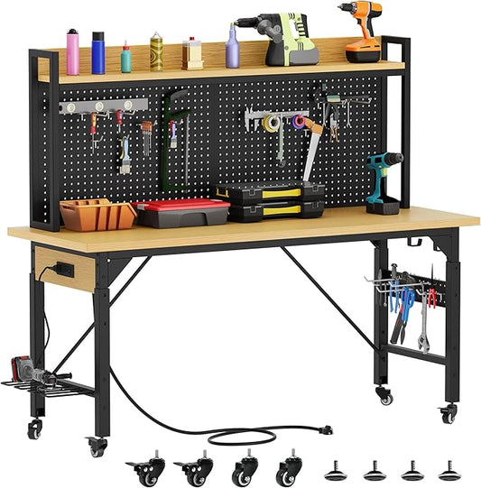 DWVO Adjustable Workbench with Pegboard 48", Heavy Duty Wood Top Work Bench with Wheels, 1600 LBS Load Capacity, Rolling Work Table with AC/USB Outlet, Hooks, Rack for Garage, Workshop, Office, Home