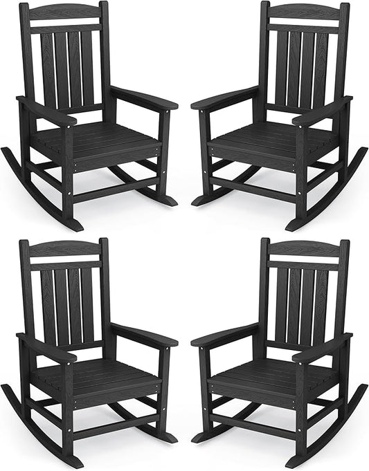 KINGYES HDPE Outdoor Rocking Chair Set of 4, Widened Seat Patio Rocking Chair, Oversized All Weather Patio Rocker, Black
