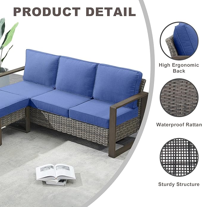 Rilyson Outdoor Wicker Patio Furniture Set - 5 Piece Patio Conversation Set with 2 Wicker Armrest Chairs,2 Rattan Ottoman and 1 Couch,Sturdy Frame,Thick Cushions,Deep Seating(Mixed Grey/Blue)