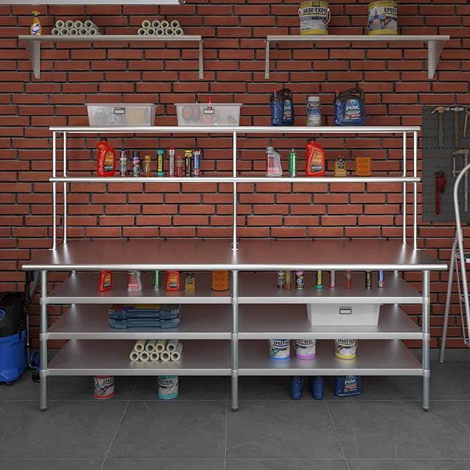 Amgood 30" x 96" Stainless Steel Work Table with 3 Shelves and 12" Wide Double Tier Overshelf | Metal Kitchen Prep Table & Shelving Combo | NSF