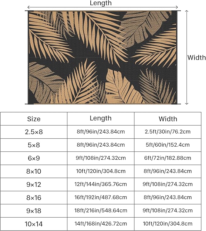GENIMO 9'x12' Outdoor Rug Waterproof for Patio Decor, Reversible Plastic Straw Rug Carpet, Camping Mats for Outdoor, RV, Backyard, Deck, Balcony, Picnic, Mix Black & Brown