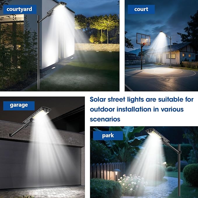 10000W Solar Street Light - 6500K Dusk to Dawn, IP65 Waterproof, Wide-Angle Motion Sensor + Remote Control for Courtyards/Parking Lots