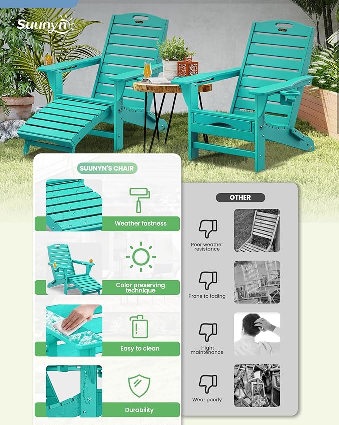 Folding Adirondack Chair with Retractable Ottoman Weather Resistant Fire Pit Chair Patio Chair with 2 Cup Holder Lawn Outdoor Lounge Chair (Tiffany Blue)