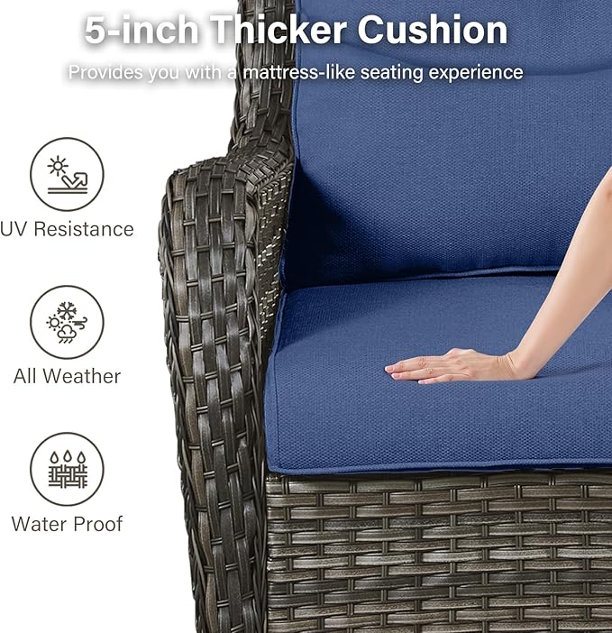 Outdoor Swivel Rocker Patio Chairs with 2 Ottomans - 5" Thick Cushion 5 Piece Furniture Set All Weather Wicker Conversation Set with Side Table for Porch Poolside and Deck - Gray/Blue