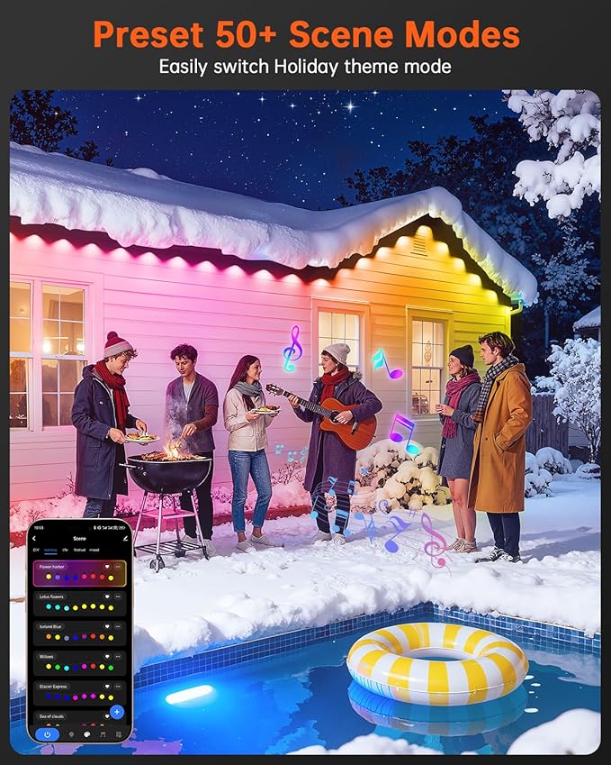YAYZA! Permanent Outdoor Lights Pro,100ft 72 LED Smart RGB+IC+Warm/Cool White Christmas Eave Lights, 135lm, Music Sync & DIY Scenes, IP67 Waterproof for Outside Decor Works with Alexa,Google, Remote