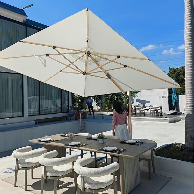PURPLE LEAF 9' x 12’ Rectangle Patio Cantilever Umbrella Large Hanging Umbrella Teak Finished Aluminum Frame Windproof Offset Outdoor Sun Umbrellas for Beach Pool Deck, Cream