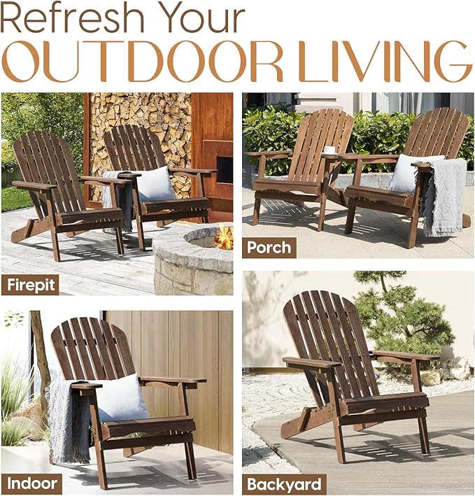 IDZO Outdoor Wooden Folding Adirondack Pre-Assembled BackRest, Wood Patio Chair for Garden Backyard Porch Pool Deck Firepit