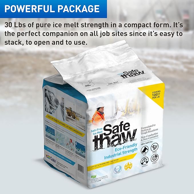 Safe Thaw Industrial Strength Salt Free Pet Safe Snow Ice Melter and Traction Agent for Concrete, Asphalt, Decks, Lawns, and More, 30 Pound Bag