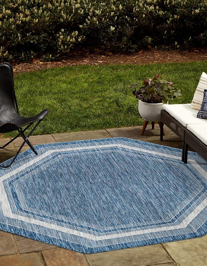 Unique Loom Outdoor Border Collection Area Rug - Soft Border (7' 10" Octagon, Blue/ Ivory)