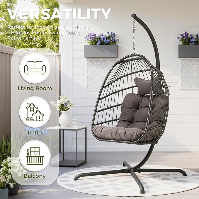 RADIATA Heavy Duty Egg Chair Swing with Stand, 350Lbs Rattan Hanging Chairs with Base and Cozy Cushion, Single Eggshell Hammock Seat for Outside Patio Porch Backyard Balcony Apartment, Dark Grey