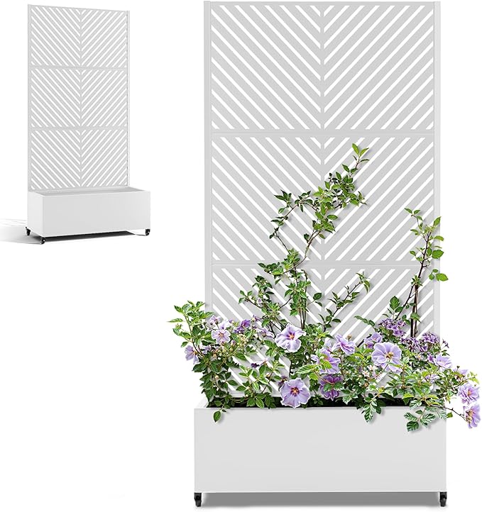 Metal Raised Garden Beds Outdoor with Trellis & Wheels, Planter Box with Privacy Screen, Drainage Holes for Vegetables, Flowers, Vines (35" L×16" W×71" H, White Parallel)