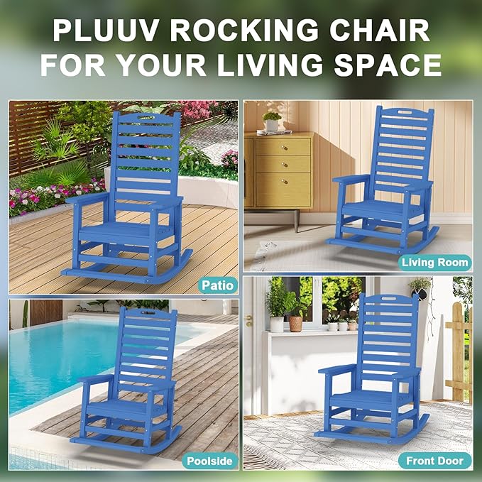 Outdoor Rocking Chair Set of 4 with Removable Footboard for Adults, HDPE High Back Patio Rocking Chairs, 330lbs All Weather Porch Rocking Chairs for Outdoor & Indoor -Navy Blue