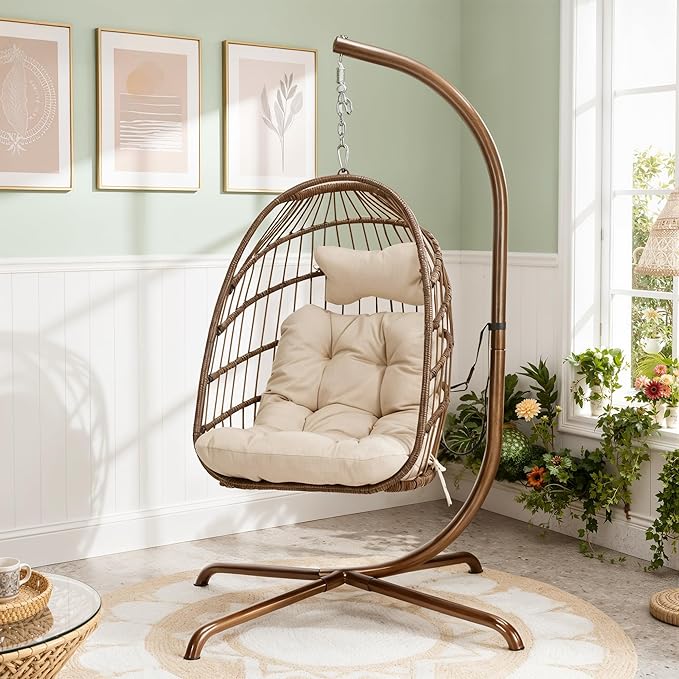 BLUEXYARD Hanging Egg Chair with Stand, 350 Lbs Heavy-Duty Wicker Swing Hammock Swing Basket with Padded Cushion, Modern Dome-Style Eggshell Seat for Indoor Outdoor Patio Garden Bedroom, Brown Tan