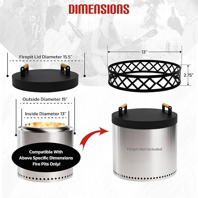 FEBTECH - Smokeless Fire Pit Accessories Combo - Heavy Duty Carbon Steel 15" Firepit Base Ring,15.5" Lid with 2 Wooden Handles - Fireplace Tools Kit for Camping, Patio, Bonfire Use