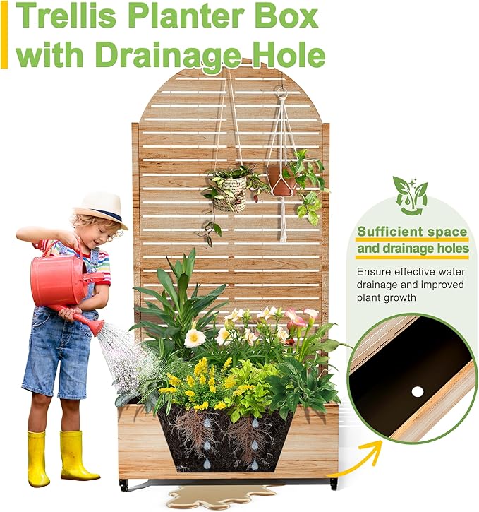 FENCY Metal Raised Garden Bed with Wheels and Trellis,Arched 73"x35"x16" Planter Box for Climbing Plants, Vegetables & Vines, Features Privacy Screen and Drainage Holes (Acacia Wood Finish)