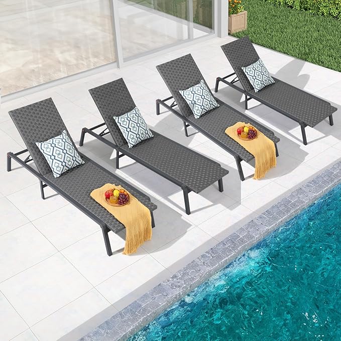 Patiorama Patio Chaise Lounge Set of 4, Aluminum Outdoor Folding Lounge Chair, All-Weather PE Rattan Wicker Adjustable Reclining Lounge Chair for Outside,Portable Sun Lounger for Beach Lawn Pool-Grey