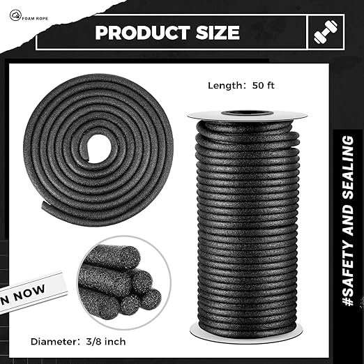 3/8 Inch x 50 ft Foam Backer Rod for Gaps Joints Concrete Crack Filler Caulk Saver Bulk Foam Backing Rod Concrete Filler Rope for Weather Stripping Door Seal (Black)