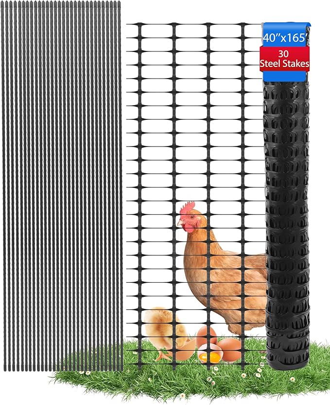Garden Fence Animal Barrier, Snow Fence Temporary Fence Kit 40 in X 164 Ft, Plastic Safety Fence with 30 45-Inch Steel Stakes and 200 Zipper, Garden Fencing Temporary Fencing for Backyard