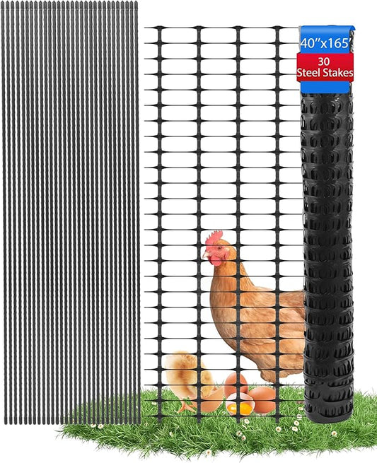 Garden Fence Animal Barrier, Snow Fence Temporary Fence Kit 40 in X 164 Ft, Plastic Safety Fence with 30 45-Inch Steel Stakes and 200 Zipper, Garden Fencing Temporary Fencing for Backyard