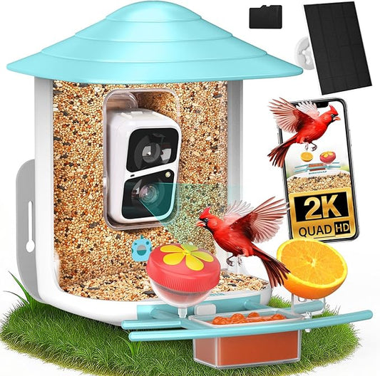 birdsnap® TUC Bird Feeder with Camera 2K HD, Solar Panel 32GB Card 4-in-1 Perch, 160°View Auto Detect & Notify AI Identify Video Bird Camera Wireless Outdoors Ideal Gift for Birds Lover