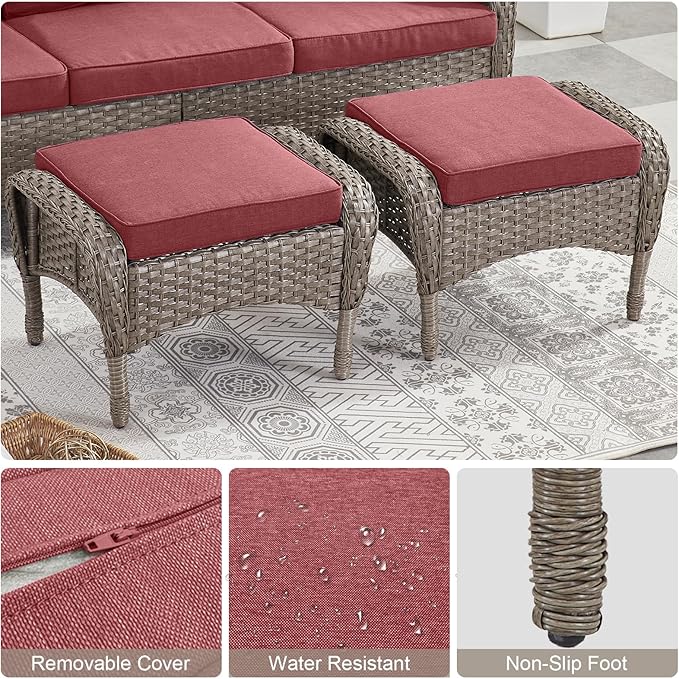 Belord 8 Piece Patio Furniture Set with 50000 BTU Propane Fire Pit Table, Outdoor Conversation Set with 2 Swivel Rocker Chairs Wicker Sofa and Ottomans for Casual Gatherings Red Cushion