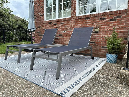 PURPLE LEAF Outdoor Chaise Lounge Set for 2 Oversized Pool Lounge Chairs with Easy-to-Move Wheels and Adjustable Backrest Extra Large Patio Loungers for Poolside Deck Beach Table Included, Navy Blue