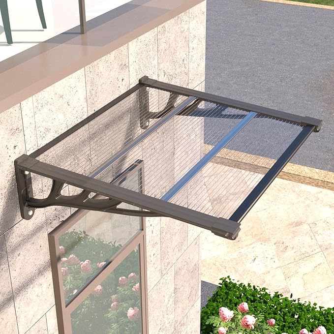 Door Awning Window Canopy, Modular Spliced Awnings for Outside,Porch,Patio,Deck,Polycarbonate Sheet,UV, Rain, and Snow Protection (Black Bracket & Transparent Board, 35 * 40'')