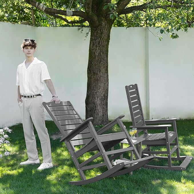 Outdoor Rocking Chair Set of 6 with Removable Footboard for Adults, HDPE High Back Patio Rocking Chairs, 330lbs All Weather Porch Rocking Chairs for Outdoor & Indoor -Grey