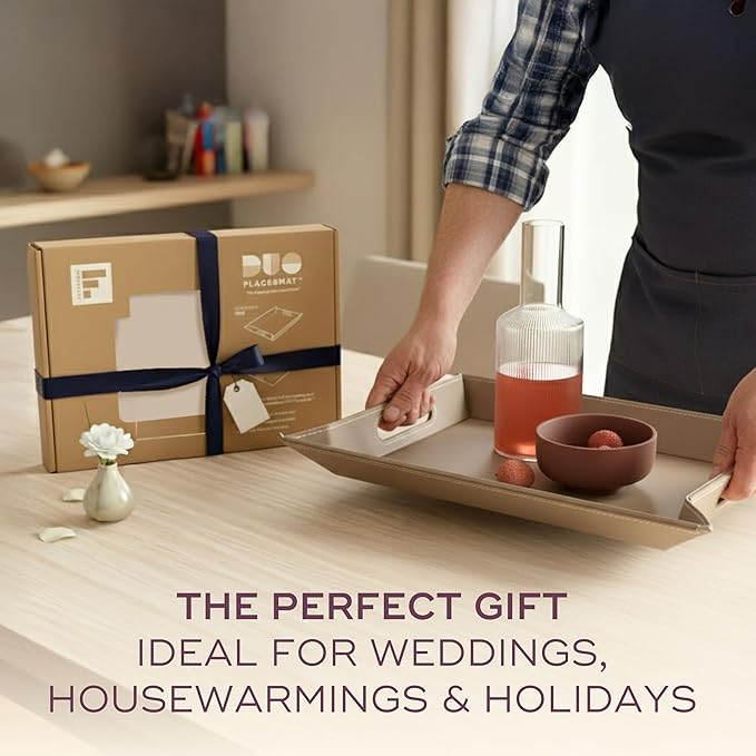 PLACEsMAT 2-in-1 Faux Leather Placemat & Serving Tray | Reversible Design, Lays Flat & Easy to Clean | Ottoman Food Tray, Perfect Housewarming Gift, 18” x 14” (Burgundy & Gunmetal, Set of 4)