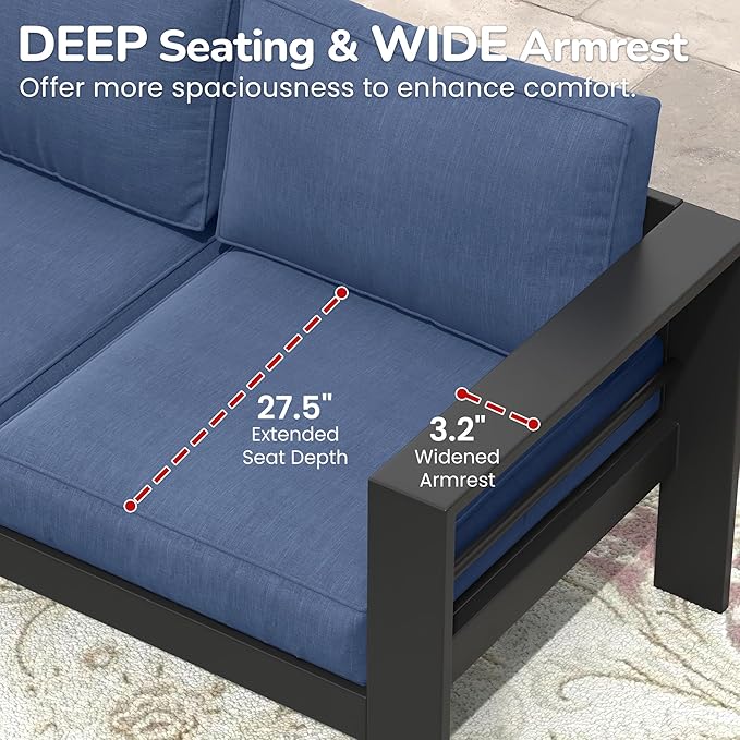 Solaste Aluminum Patio Furniture Set, 5 Seats Modern Outdoor Conversation Set Sectional Sofa with Upgrade Cushion and Coffee Table,Black Frame and Blue Cushion