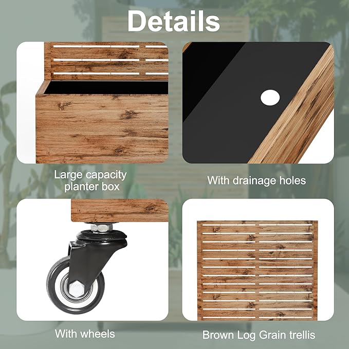 Metal Raised Garden Beds with Trellis and Wheels for Climbing Plants, Flowers, Large Planter Box with Privacy Screen & Drainage Holes for Patio (35" L, Brown Log Grain)