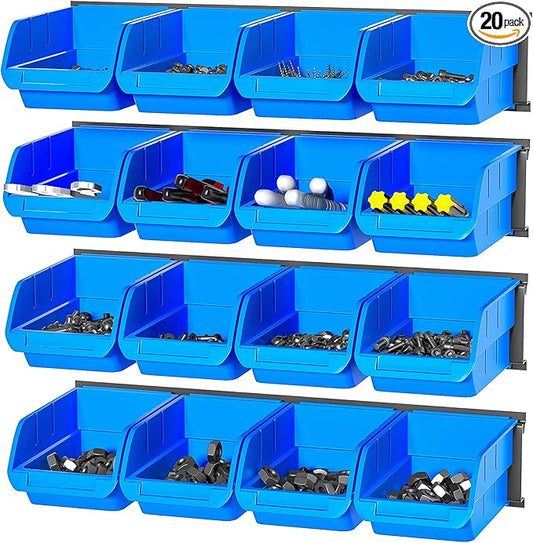 Ultrawall Wall Mounted Storage Bins, Plastic Hanging Storage Organizer Bins, Garage Tool Storage System for Screws, Nuts, Bolts, Nails, and Small Hardware Parts, 16x bins & 4 x rails, Blue