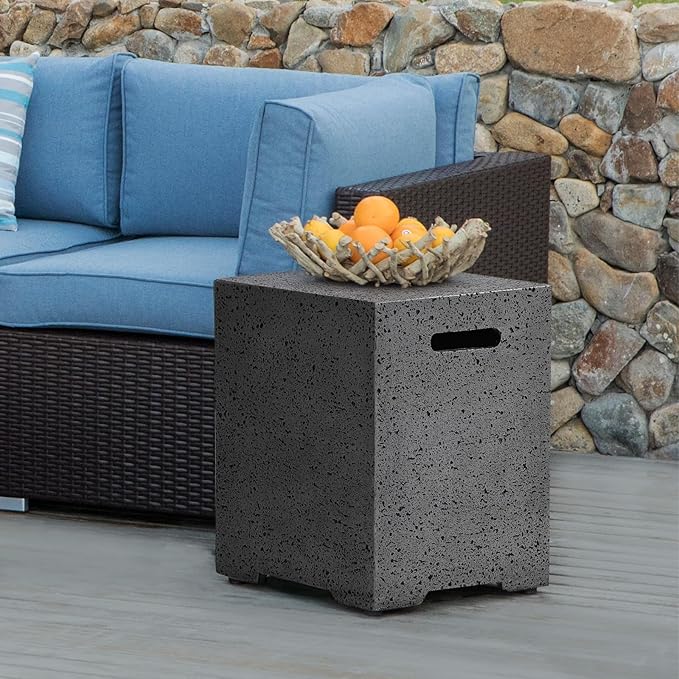 COSIEST Outdoor Hideaway Tank Table for Gas Fire Pits, Hides Standard 20lb 16-inch Propane Tank Cover w Side Handles (Light Gray)