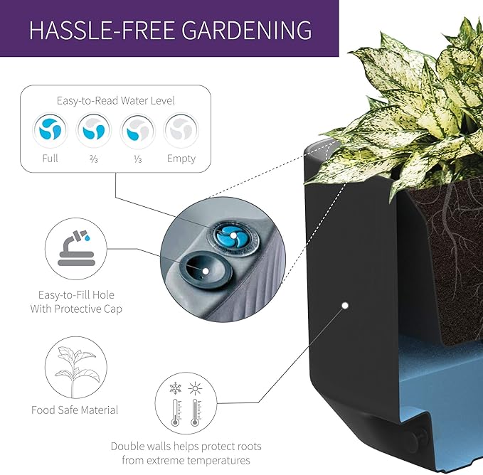 Crescent Garden Modular Self-Watering Plant Box with TruDrop Water Level Indicator, Indoor/Outdoor, Small Modern Box Planter for Herbs, Flowers, Peace Lily, Houseplants - 20"x20"x16"H (Slate)