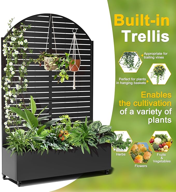 FENCY Metal Raised Garden Bed with Wheels and Trellis,Arched 73"x47"x16" Planter Box for Climbing Plants, Vegetables & Vines, Features Privacy Screen and Drainage Holes (Black-Louvered)