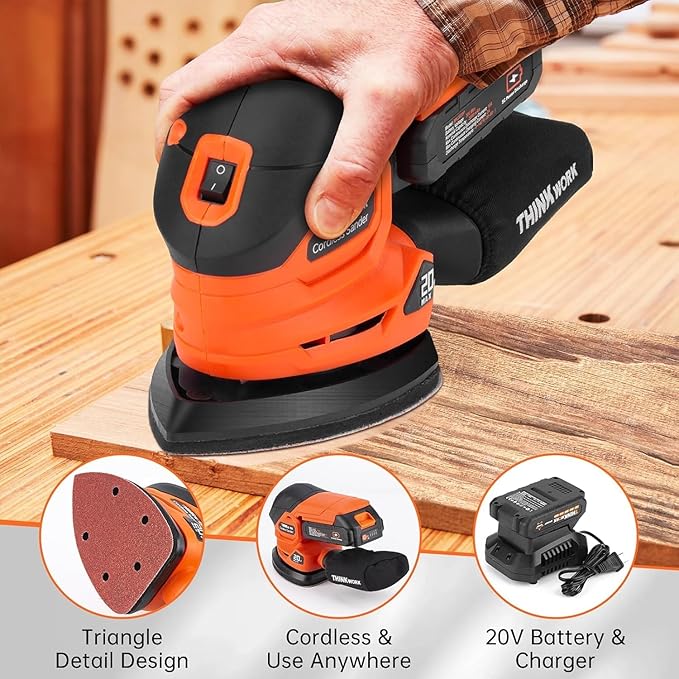 THINKWORK Cordless Detail Sander - 20V/2.0 Ah Battery Sander, 12000 RPM Electric Palm Sander with Dust Collection System for Sanding Tight Spaces on Wood Surfaces, Included 21 Sandpapers