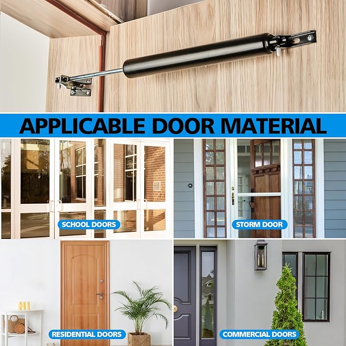 Screen and Storm Door Closer Kit, Closer for Heavy Storm Doors | Screen and Storm Door Push Button Latch Set | Storm Door Protector Chain and Spring (Black-Only Closer)