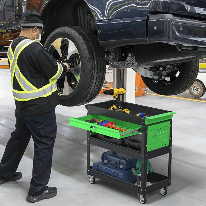 3 Tray Rolling Tool Cart, 400 LBS Capacity Mechanic Tool Carts on Wheels, Heavy Duty Utility Cart with Drawers, Metal Work Cart for Garage, Warehouse and Repair Shop, Blackgreen